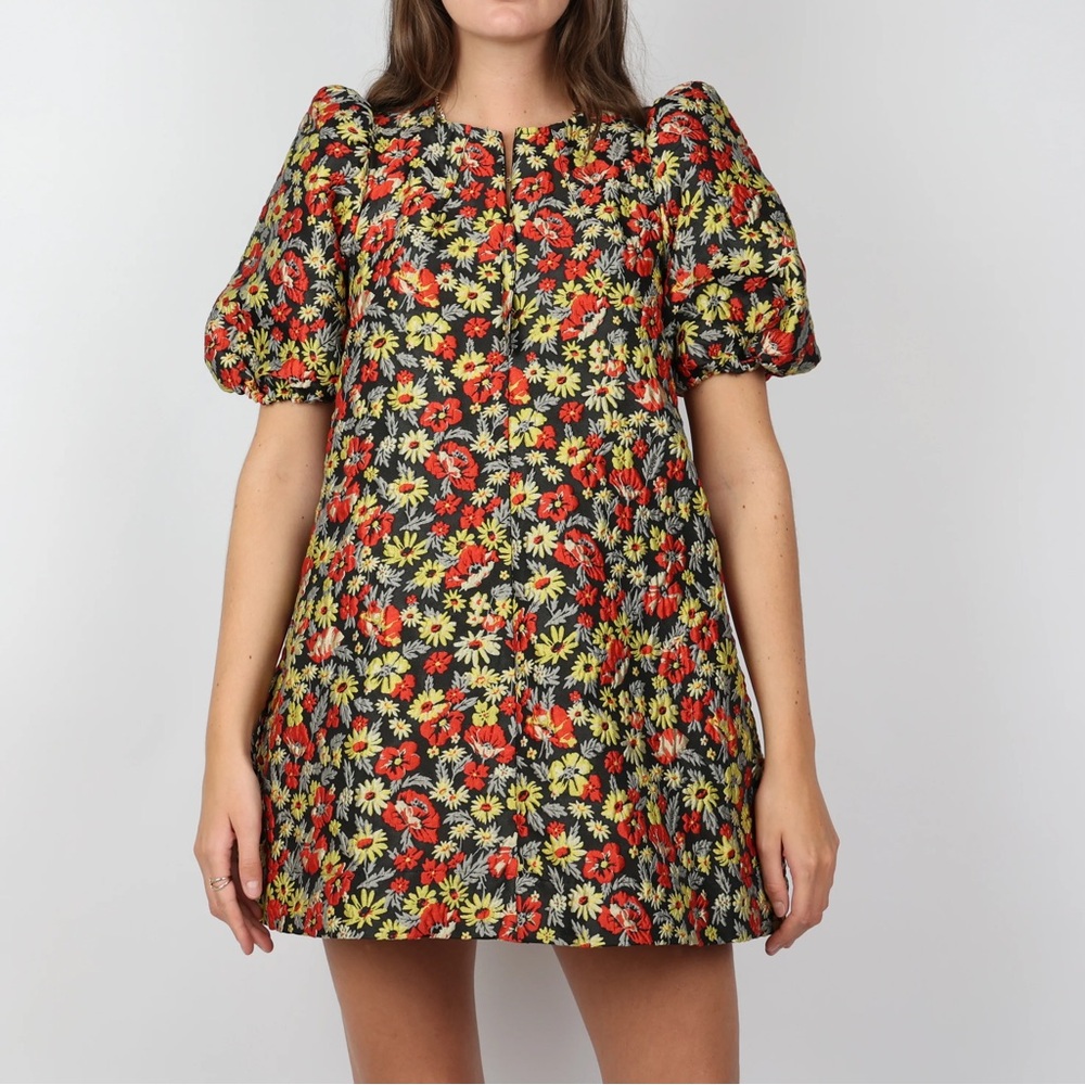 Ganni Black Floral Mini Dress with Red & Yellow Flowers